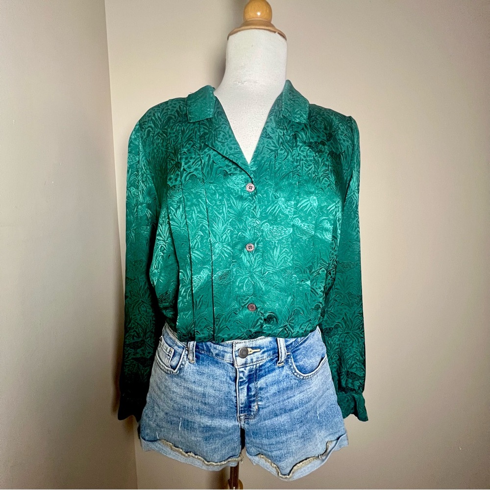 Vintage Dark Green Floral and Bird Patterned Women's Top/Blouse -Size 10